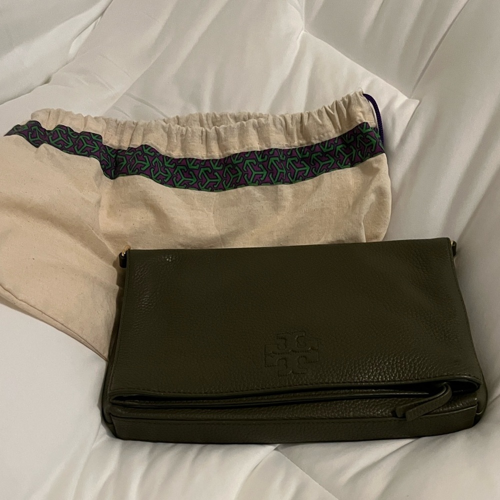 Tory Burch Olive Green Pebbled Leather Crossbody or Clutch
